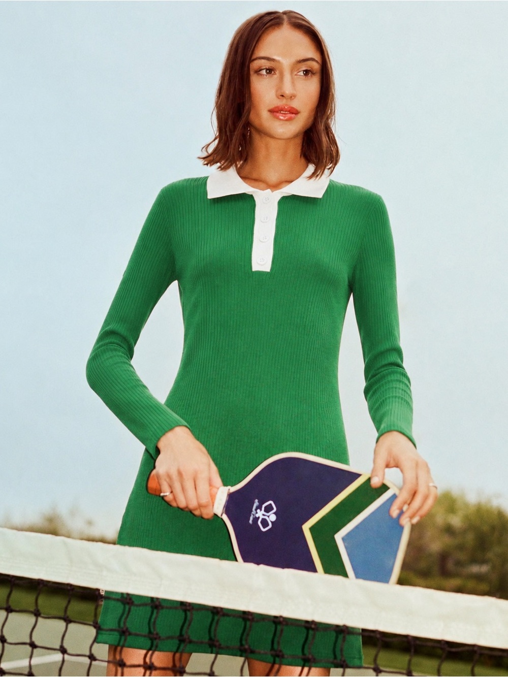 SHEIN Green Ribbed Knit Polo Mini Dress Size S Preppy Tennis